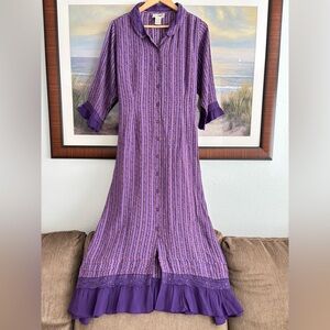 Red Hat Society Vintage Purple Floral Striped Maxi Shirt Dress with Lace Trim